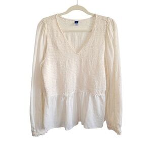 Old Navy Women's Size XL Smocked Embroidered Long Sleeve V-Neck Blouse Cream